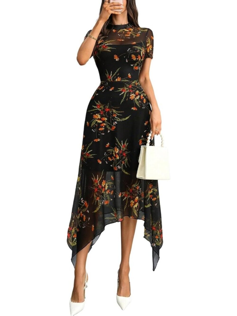 Women's Orange Green Floral Mesh Gothic Midi Dress Irregular Hem Sleeve